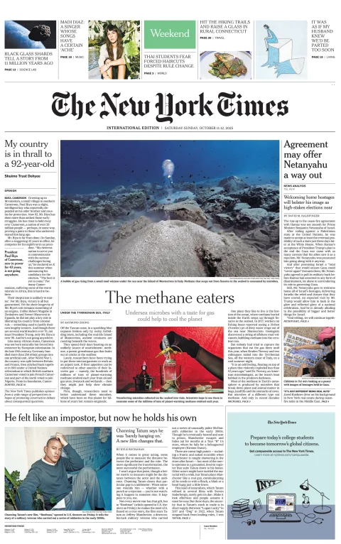 Portada de The New York Times (international) del sábado, 11 de octubre de 2025