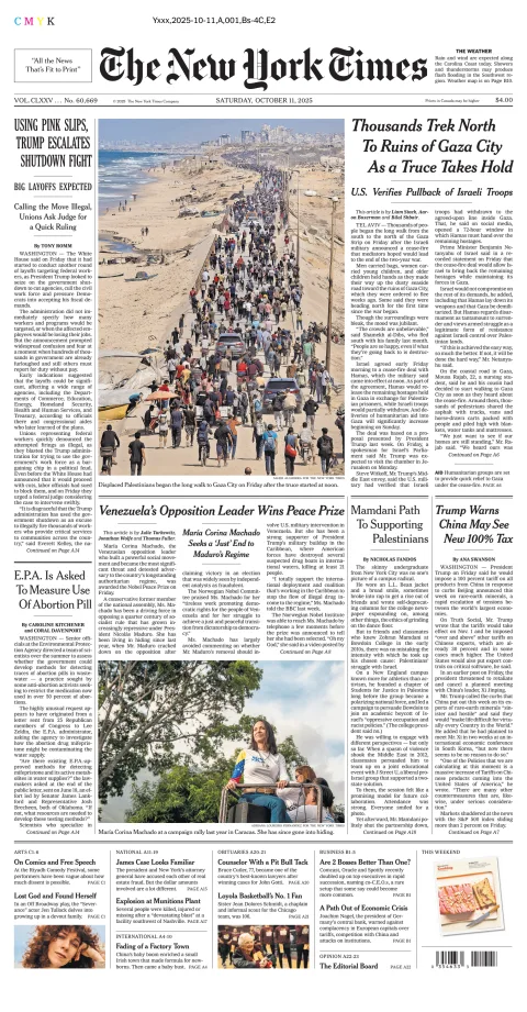 Portada de The New York Times (national) del sábado, 11 de octubre de 2025