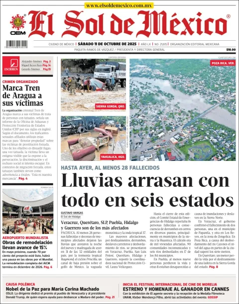 Portada de El Sol de Mexico del sábado, 11 de octubre de 2025