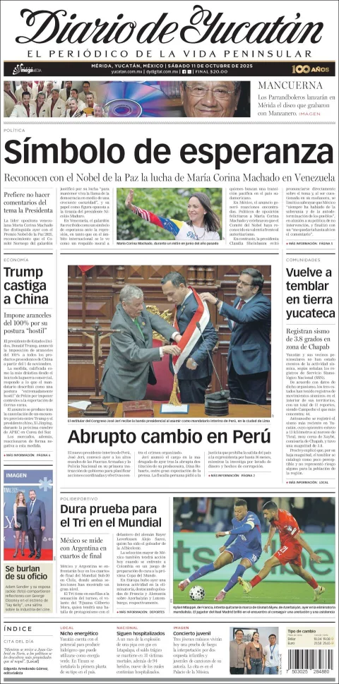 Portada de Diario de Yucatán del sábado, 11 de octubre de 2025