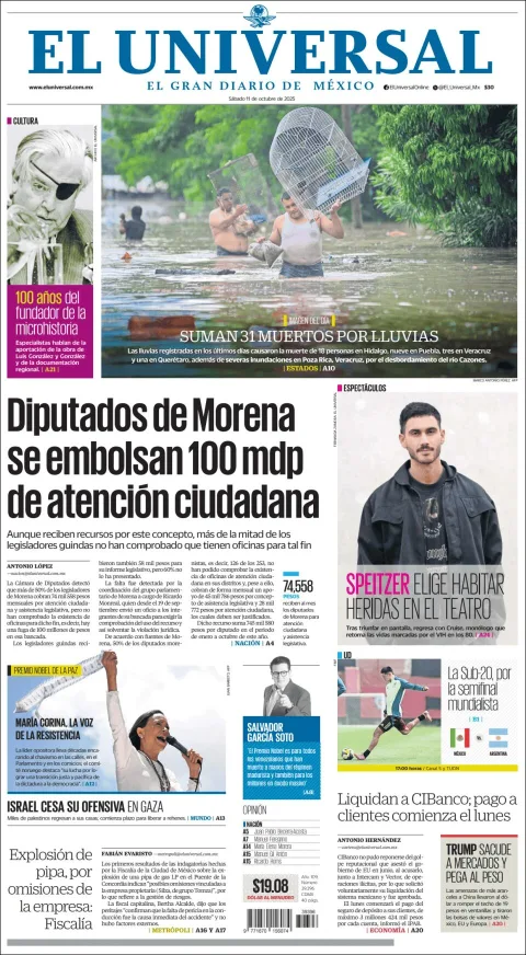 Portada de El Universal del sábado, 11 de octubre de 2025