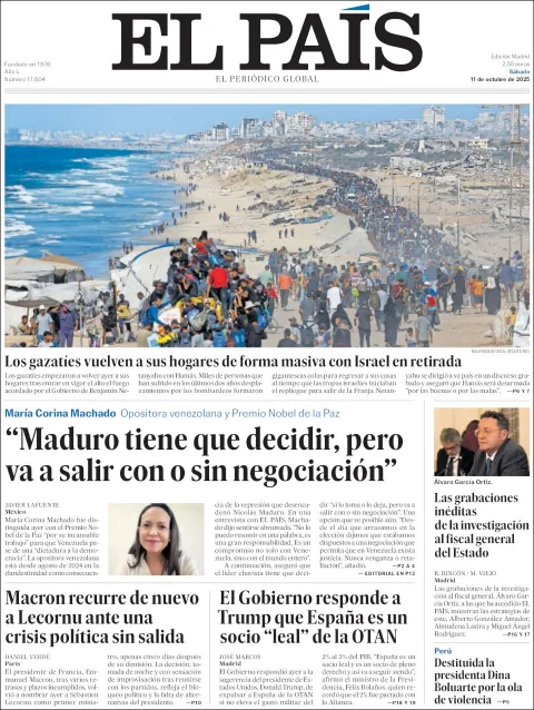 Portada de El Pais del sábado, 11 de octubre de 2025