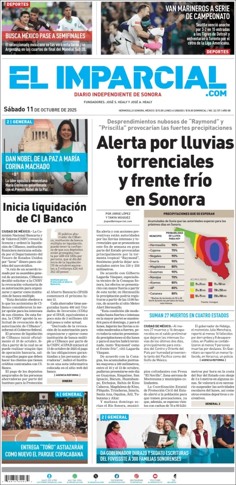 Portada de El Imparcial del sábado, 11 de octubre de 2025