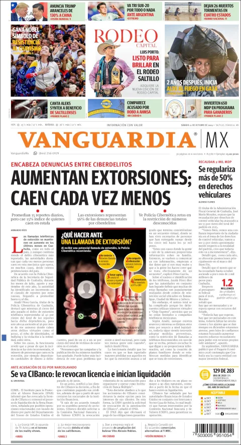 Portada de Vanguardia del sábado, 11 de octubre de 2025