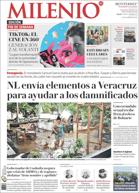 Portada de Milenio del sábado, 11 de octubre de 2025