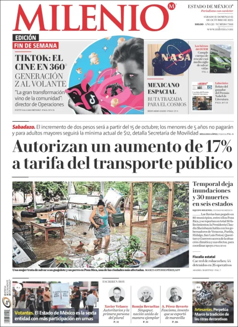 Portada de Milenio Edo de Mexico del sábado, 11 de octubre de 2025