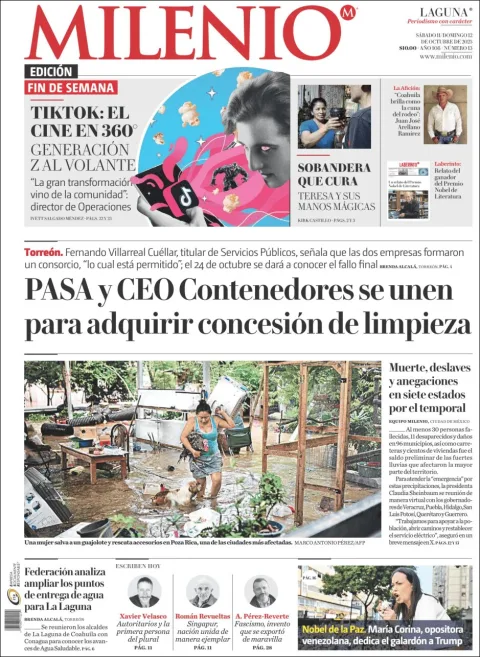 Portada de Milenio Laguna del sábado, 11 de octubre de 2025