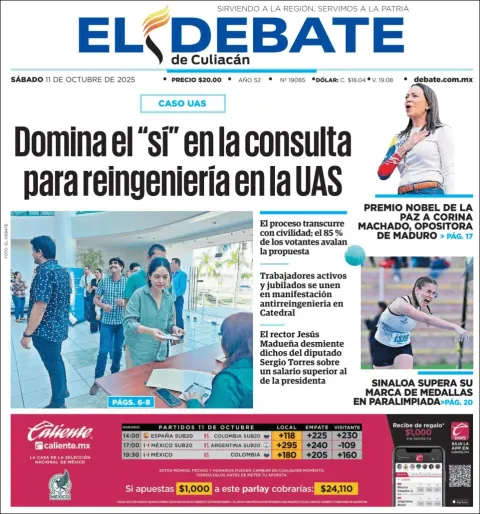 Portada de El Debate de Culiacan del sábado, 11 de octubre de 2025