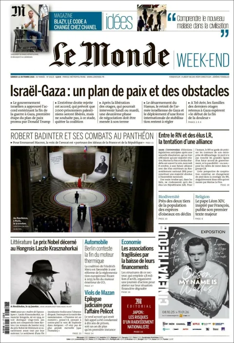 Portada de Le Monde del sábado, 11 de octubre de 2025