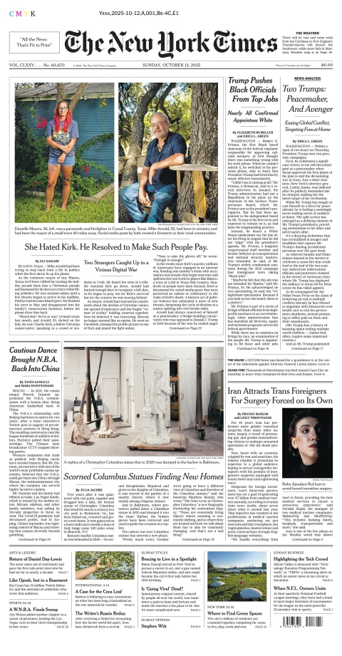 Portada de The New York Times (national) del domingo, 12 de octubre de 2025