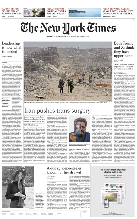 Portada de The New York Times (international) del lunes, 13 de octubre de 2025