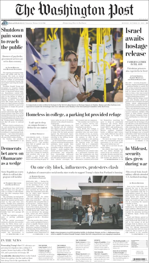 Portada de The Washington Post del lunes, 13 de octubre de 2025