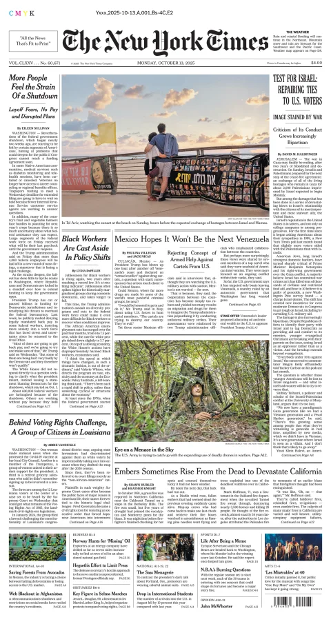 Portada de The New York Times (national) del lunes, 13 de octubre de 2025