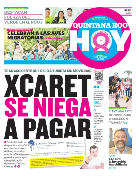 Portada de Quintana Roo Hoy (portada) del lunes, 13 de octubre de 2025