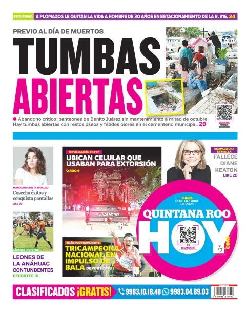 Portada de Quintana Roo Hoy (contraportada) del lunes, 13 de octubre de 2025