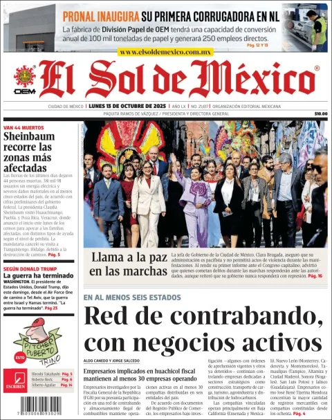 Portada de El Sol de Mexico del lunes, 13 de octubre de 2025