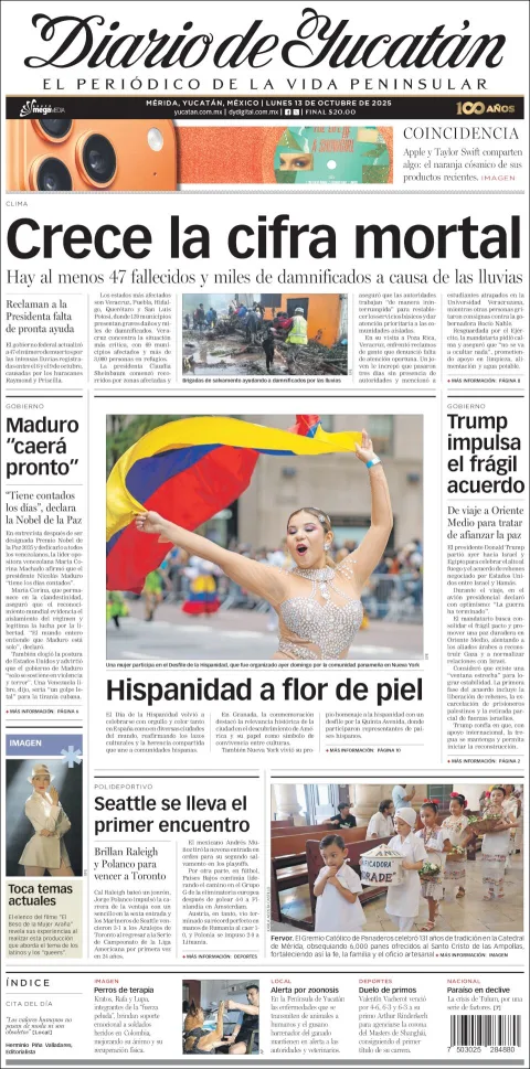 Portada de Diario de Yucatán del lunes, 13 de octubre de 2025