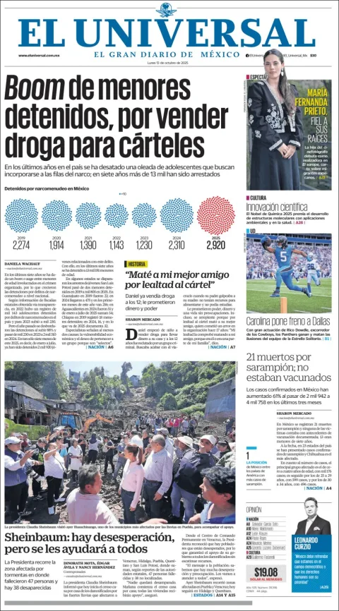 Portada de El Universal del lunes, 13 de octubre de 2025
