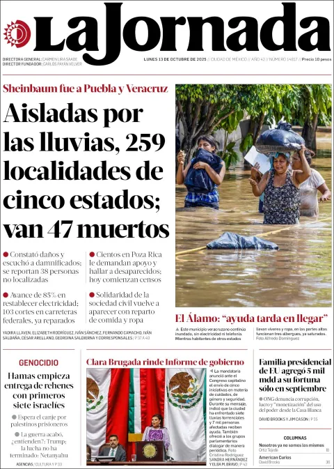 Portada de La Jornada del lunes, 13 de octubre de 2025