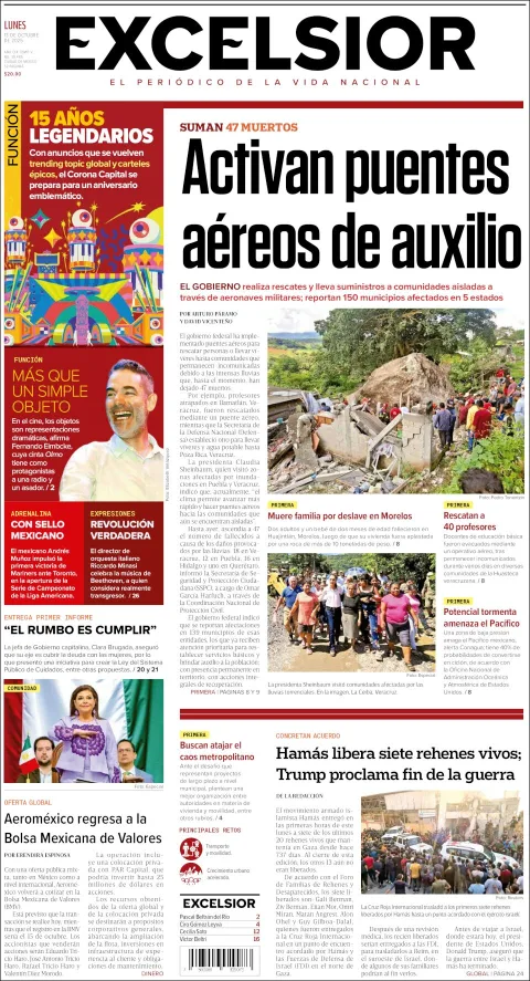 Portada de Excelsior del lunes, 13 de octubre de 2025