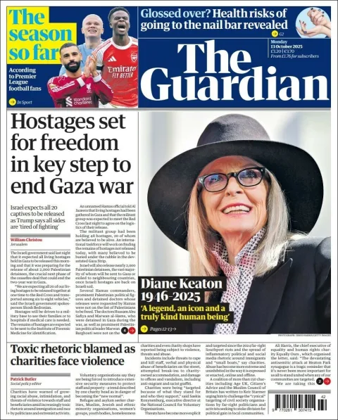 Portada de The Guardian (reino Unido) del lunes, 13 de octubre de 2025