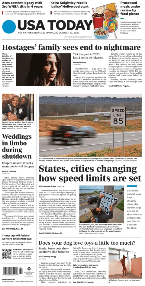 Portada de Usa Today del lunes, 13 de octubre de 2025