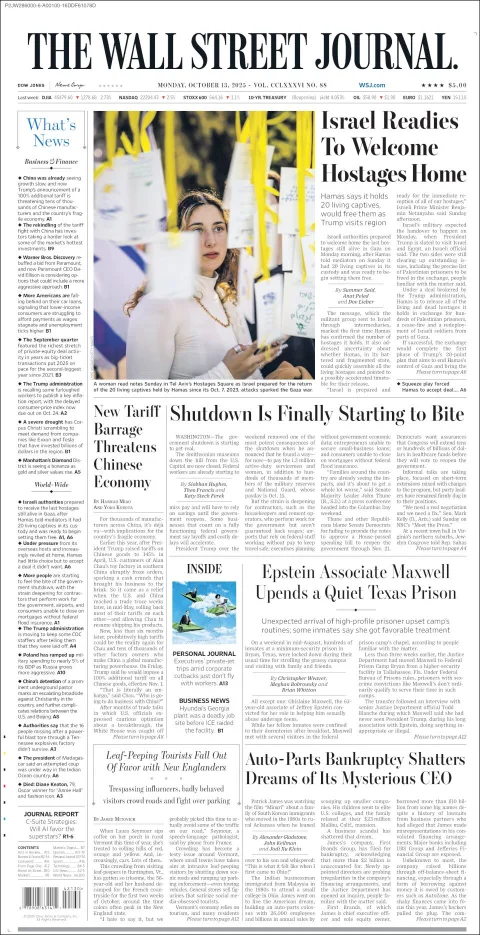 Portada de The Wall Street Journal del lunes, 13 de octubre de 2025