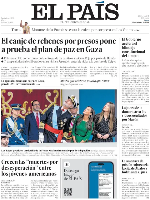 Portada de El Pais del lunes, 13 de octubre de 2025