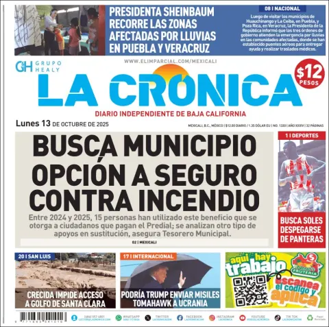 Portada de La Cronica del lunes, 13 de octubre de 2025