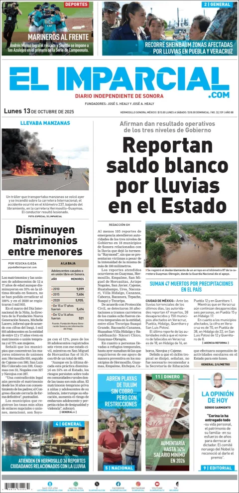 Portada de El Imparcial del lunes, 13 de octubre de 2025