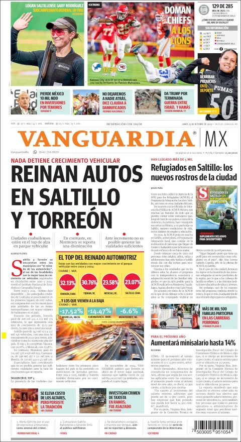 Portada de Vanguardia del lunes, 13 de octubre de 2025
