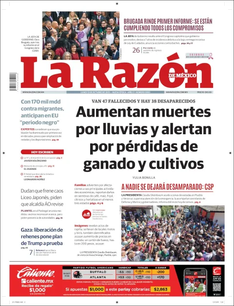 Portada de La Razon del lunes, 13 de octubre de 2025