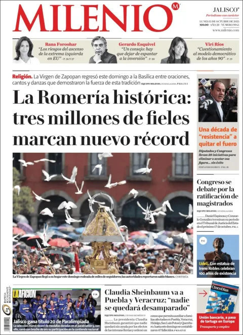 Portada de Milenio Jalisco del lunes, 13 de octubre de 2025