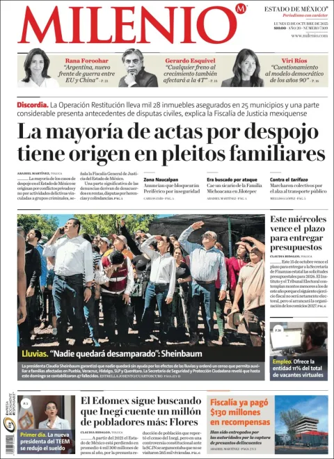 Portada de Milenio Edo de Mexico del lunes, 13 de octubre de 2025