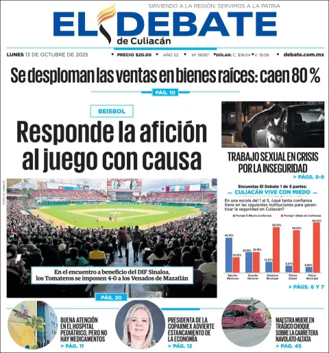 Portada de El Debate de Culiacan del lunes, 13 de octubre de 2025