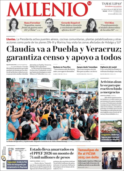Portada de Milenio Tamaulipas del lunes, 13 de octubre de 2025