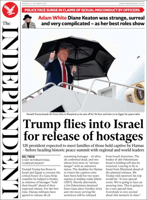Portada de The Independent del lunes, 13 de octubre de 2025