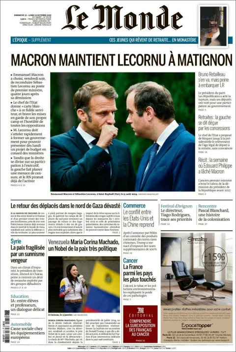 Portada de Le Monde del lunes, 13 de octubre de 2025