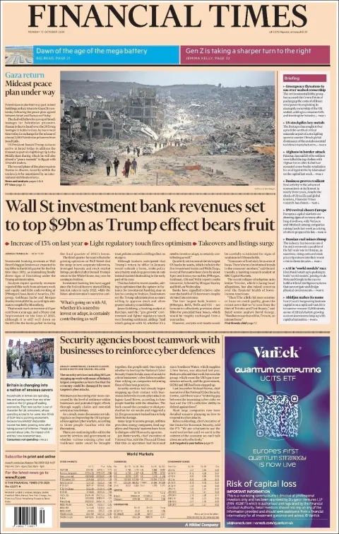 Portada de Financial Times del lunes, 13 de octubre de 2025