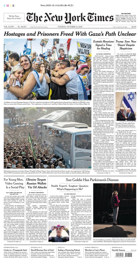 Portada de The New York Times (new York) del martes, 14 de octubre de 2025