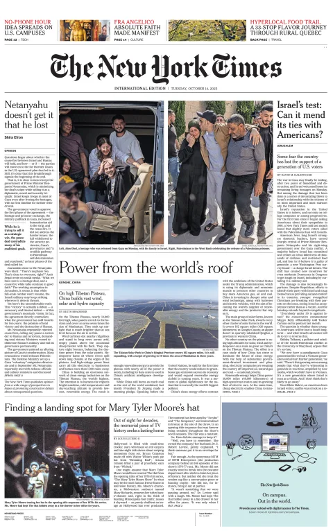Portada de The New York Times (international) del martes, 14 de octubre de 2025
