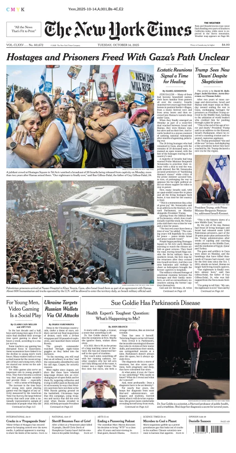 Portada de The New York Times (national) del martes, 14 de octubre de 2025
