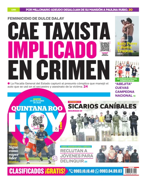 Portada de Quintana Roo Hoy (contraportada) del martes, 14 de octubre de 2025