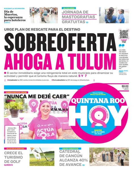 Portada de Quintana Roo Hoy (portada) del martes, 14 de octubre de 2025