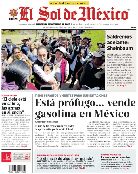 Portada de El Sol de Mexico del martes, 14 de octubre de 2025