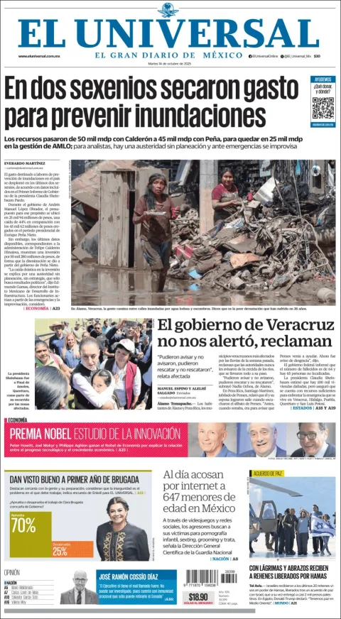 Portada de El Universal del martes, 14 de octubre de 2025