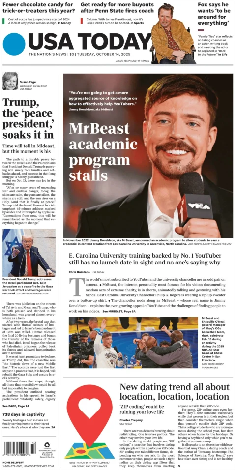 Portada de Usa Today del martes, 14 de octubre de 2025