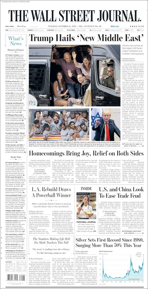 Portada de The Wall Street Journal del martes, 14 de octubre de 2025