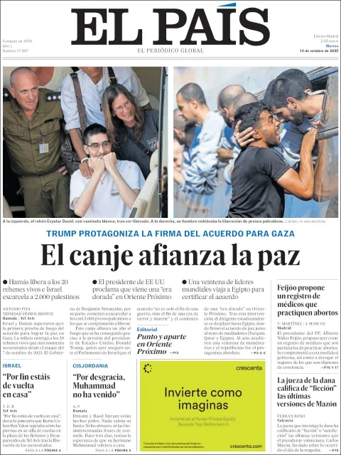Portada de El Pais del martes, 14 de octubre de 2025