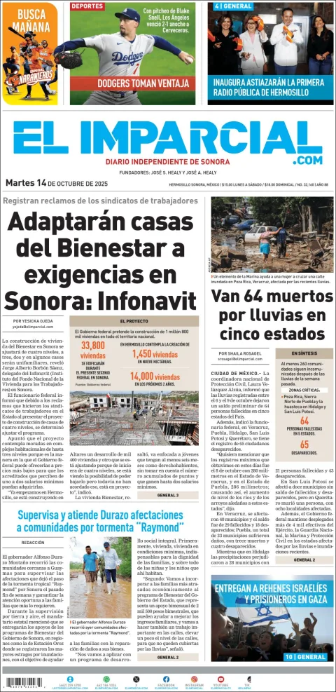 Portada de El Imparcial del martes, 14 de octubre de 2025